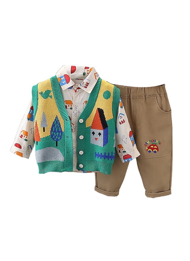 3pcs Green Village Theme CardiganShirt and matching Pants set for Toddlers and Kidswinter and all season wear