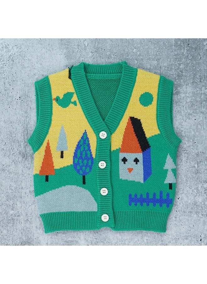 3pcs Green Village Theme CardiganShirt and matching Pants set for Toddlers and Kidswinter and all season wear