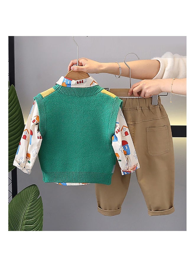3pcs Green Village Theme CardiganShirt and matching Pants set for Toddlers and Kidswinter and all season wear