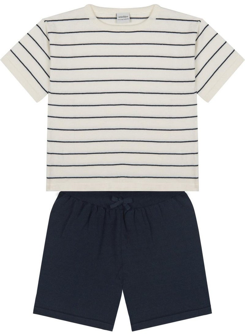 Navy Blue Striped Knitwear Shorts Set