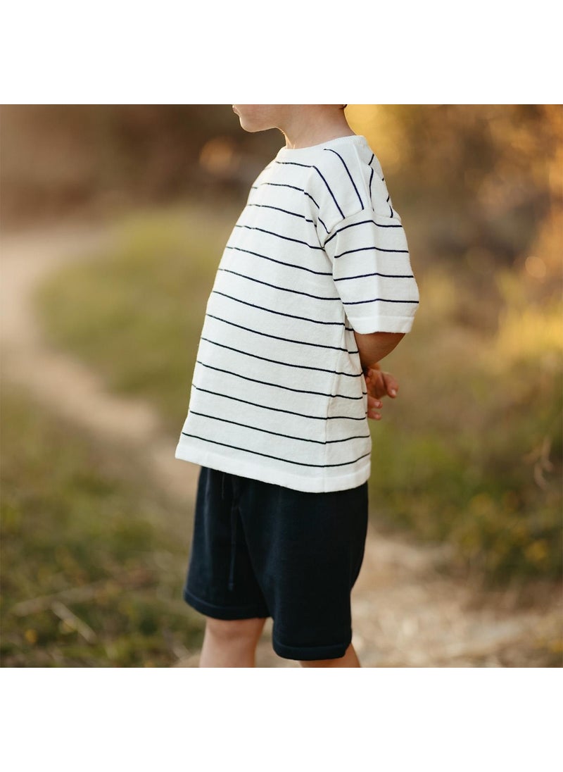 Navy Blue Striped Knitwear Shorts Set