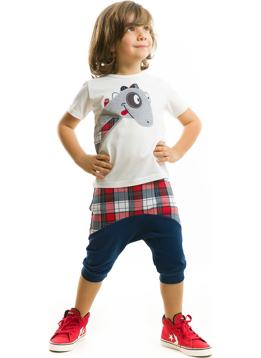 Dino Plaid Boy T-shirt Shorts Set