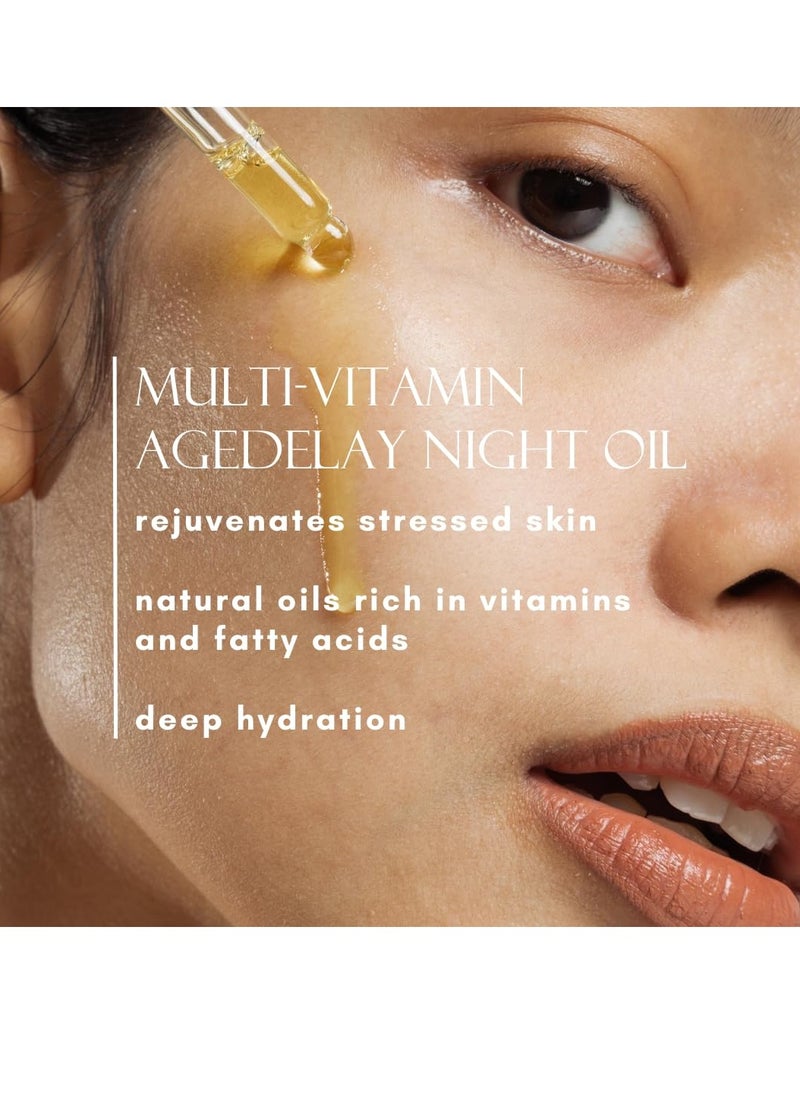 AgeDelay Multi-Vitamin Night Facial Oil - Intensive Skin Tightening Oil & Moisturizer - Nourishes Protects & Rejuvenates - Antioxidant Serum w/Vitamin E, Omega 3,6,9 & Seaweed - 30ml