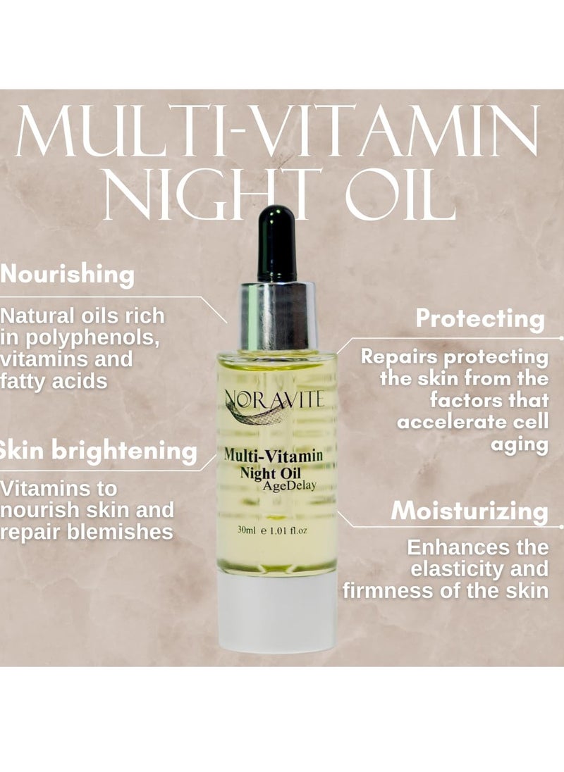 AgeDelay Multi-Vitamin Night Facial Oil - Intensive Skin Tightening Oil & Moisturizer - Nourishes Protects & Rejuvenates - Antioxidant Serum w/Vitamin E, Omega 3,6,9 & Seaweed - 30ml