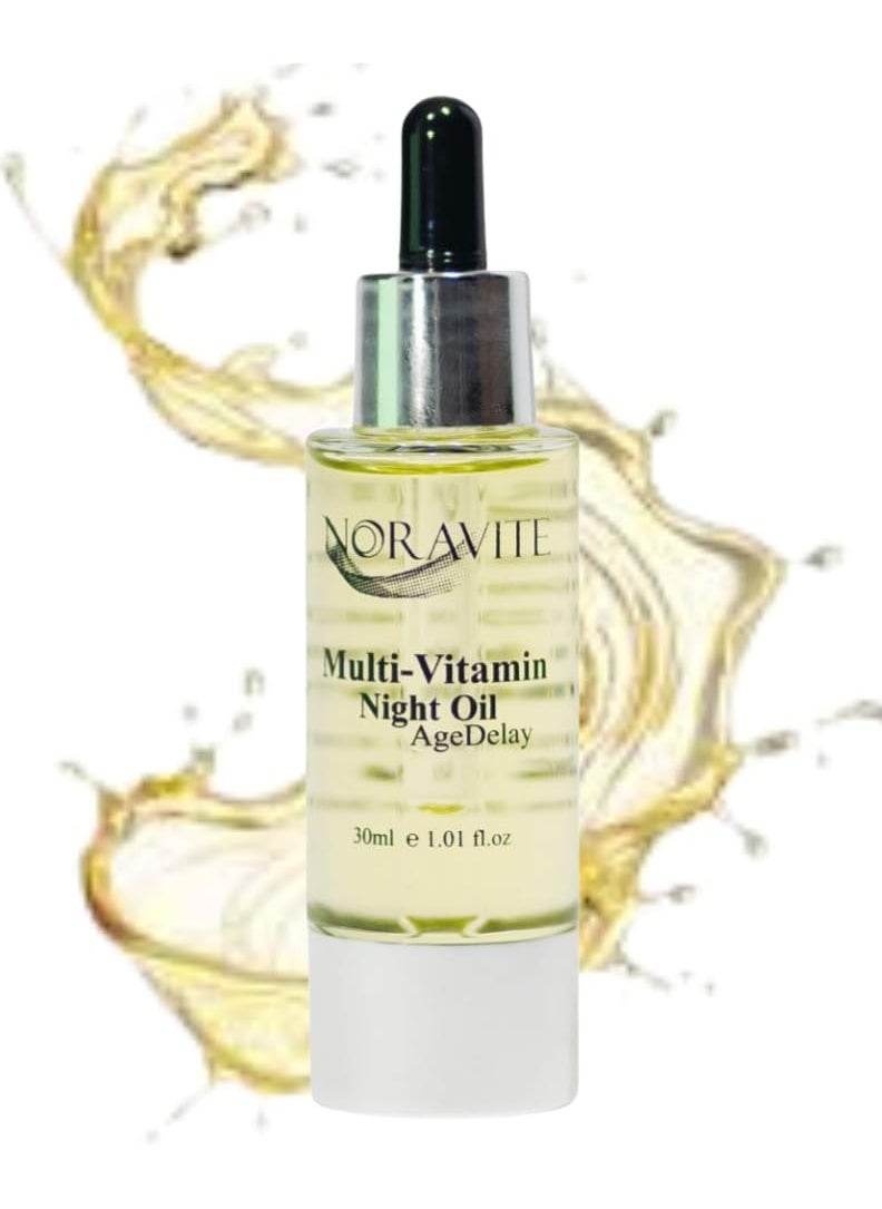 AgeDelay Multi-Vitamin Night Facial Oil - Intensive Skin Tightening Oil & Moisturizer - Nourishes Protects & Rejuvenates - Antioxidant Serum w/Vitamin E, Omega 3,6,9 & Seaweed - 30ml