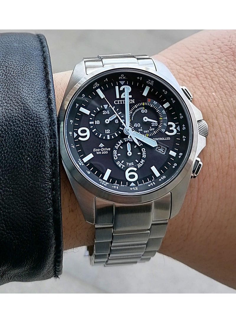 Eco Drive Silver Radio Controlled Steel Men's Wristwatch Waterproof
