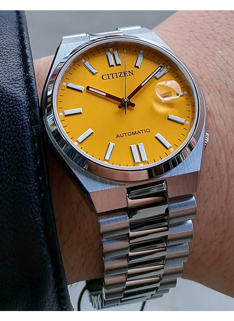 Automatic Yellow Steel Strap Men's Wristwatch Waterproof