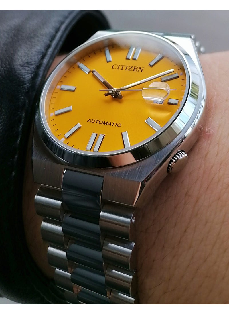 Automatic Yellow Steel Strap Men's Wristwatch Waterproof