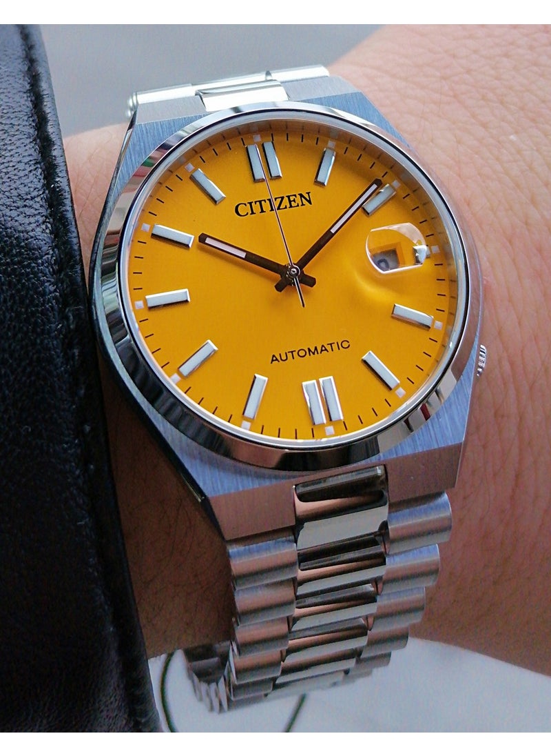 Automatic Yellow Steel Strap Men's Wristwatch Waterproof