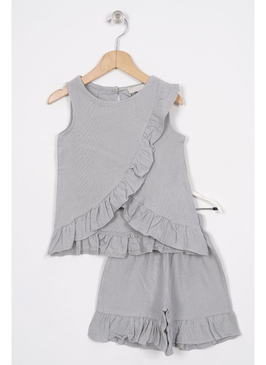 Gray Color Girl Shorts Set with Frills on Front and Hem