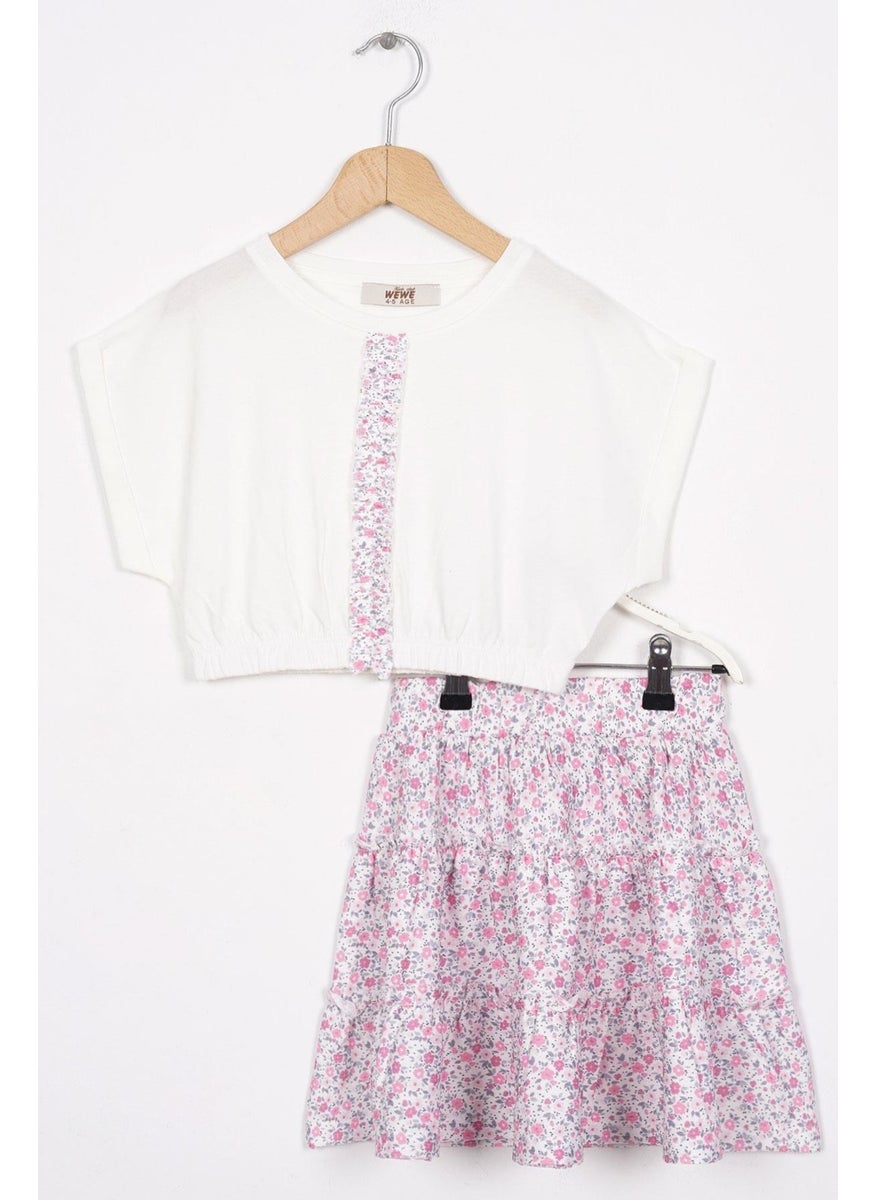 Waist Elastic Double Sleeve Flowered Pink Color Girl Skirt Suit