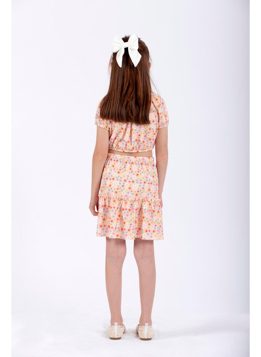 Pink Color Girl Skirt Set with Front Bow Detail