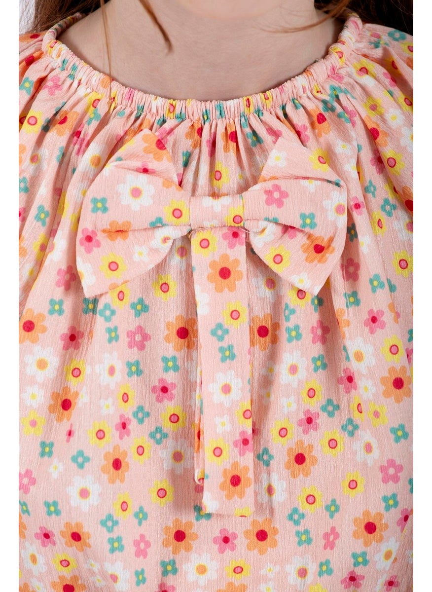 Pink Color Girl Skirt Set with Front Bow Detail