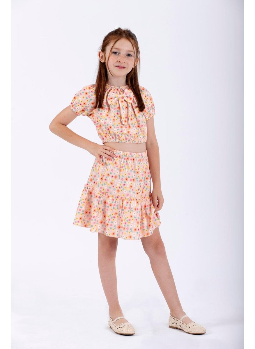 Pink Color Girl Skirt Set with Front Bow Detail