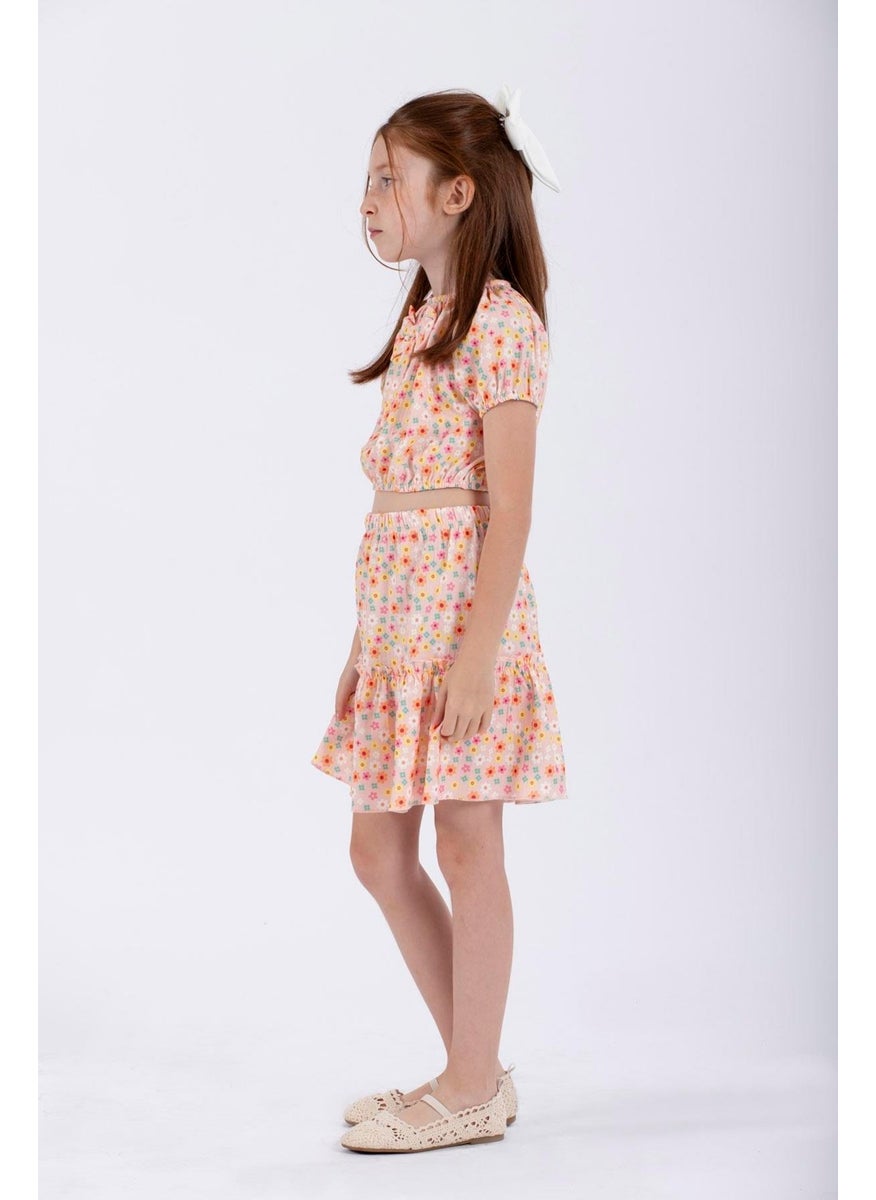 Pink Color Girl Skirt Set with Front Bow Detail