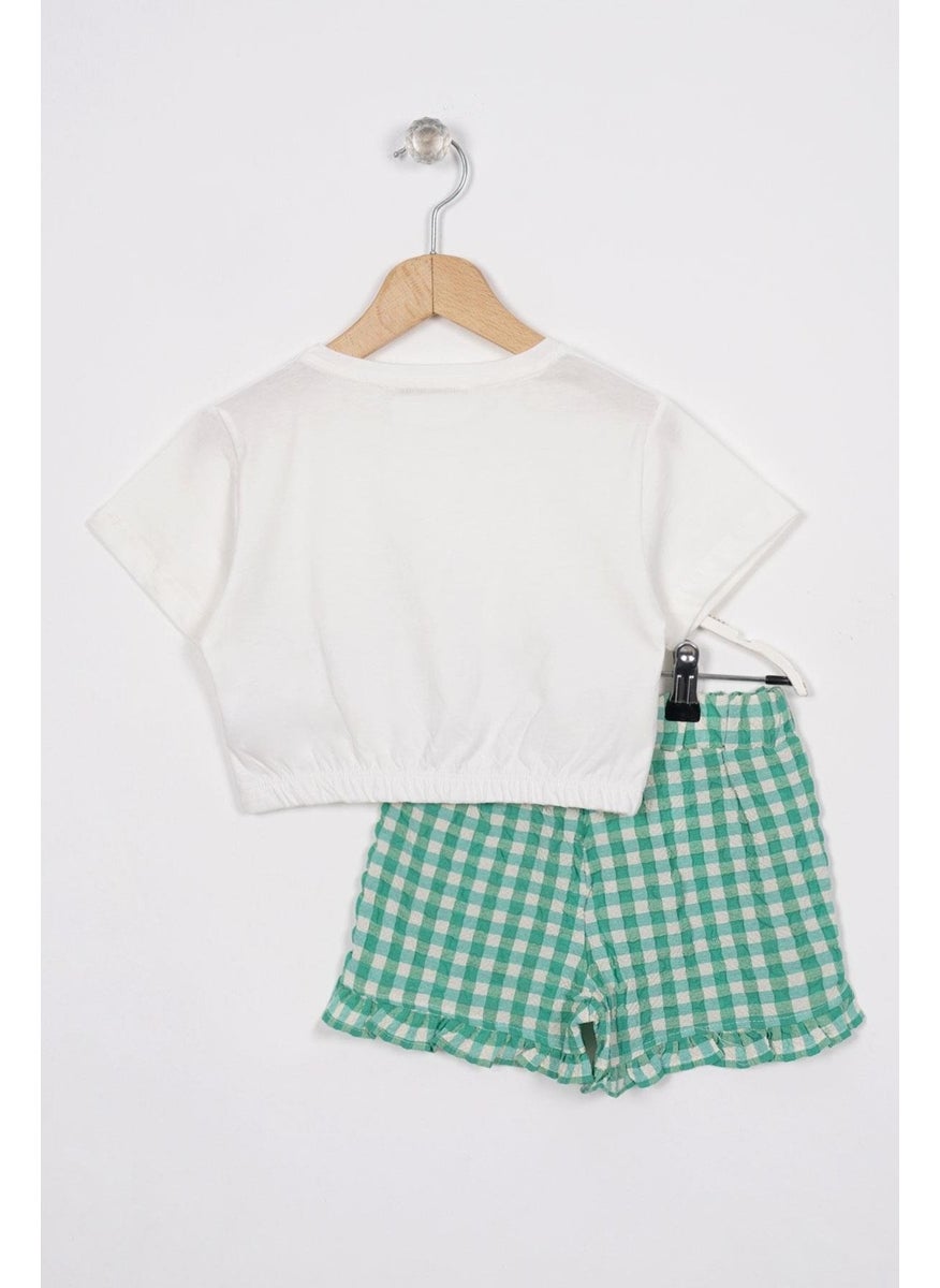 Ruffle Detailed Ecru Green Color Girl Shorts Set