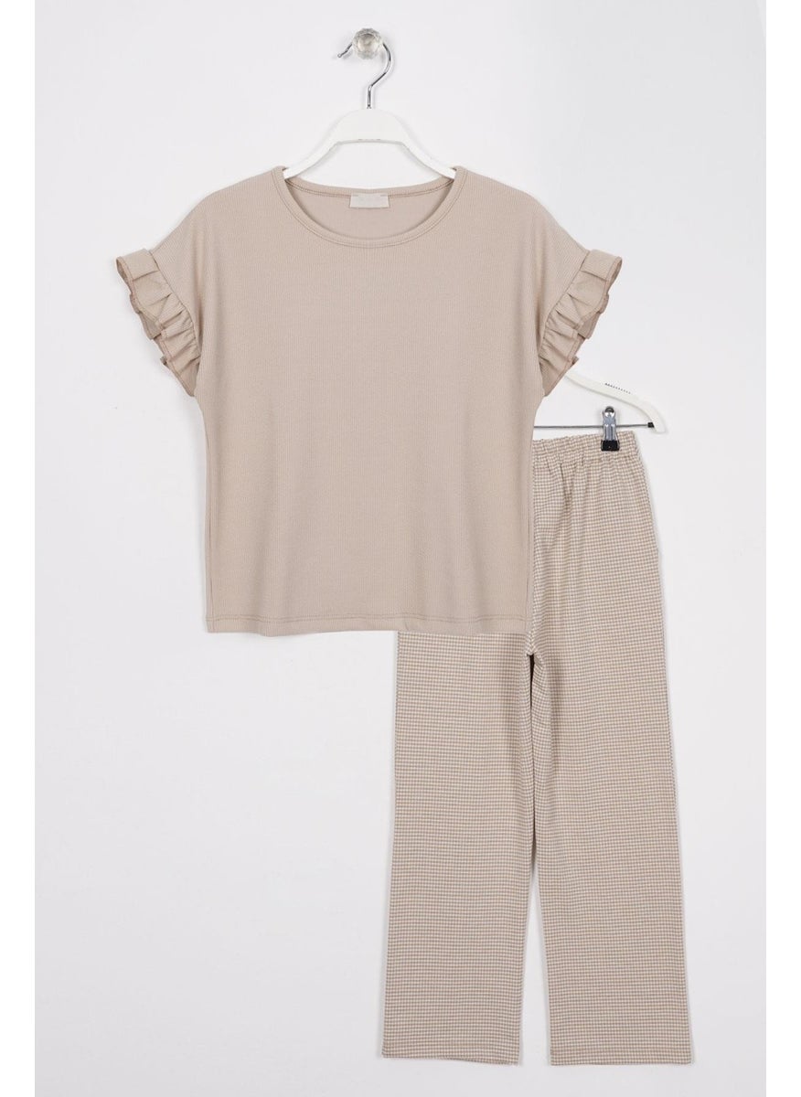 Crew Neck Short Sleeve Crochet Detailed Beige Color Girl Trouser Set