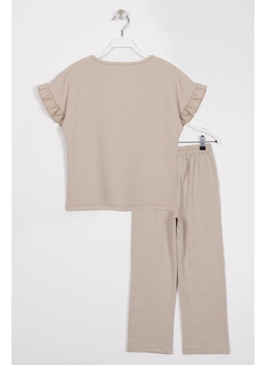 Crew Neck Short Sleeve Crochet Detailed Beige Color Girl Trouser Set