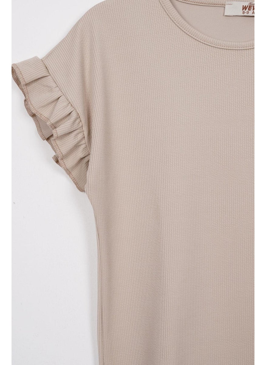 Crew Neck Short Sleeve Crochet Detailed Beige Color Girl Trouser Set