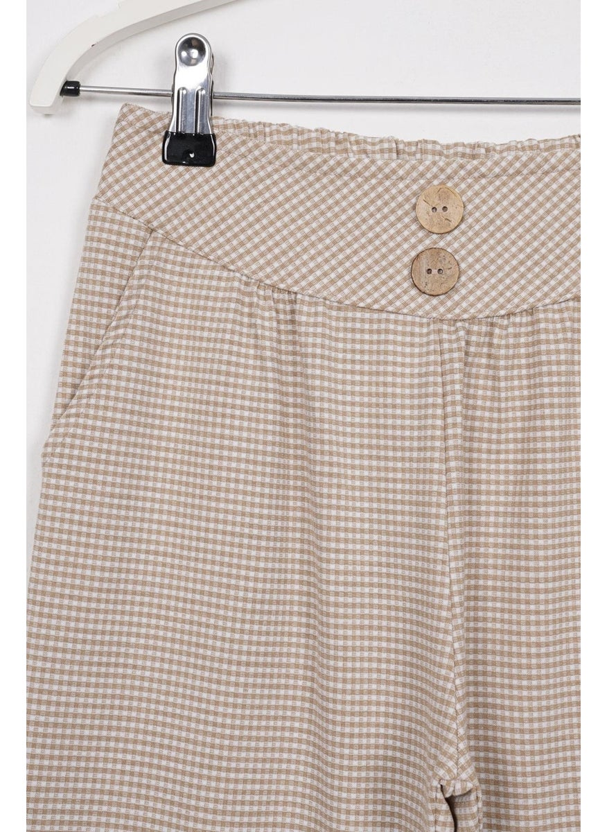 Crew Neck Short Sleeve Crochet Detailed Beige Color Girl Trouser Set