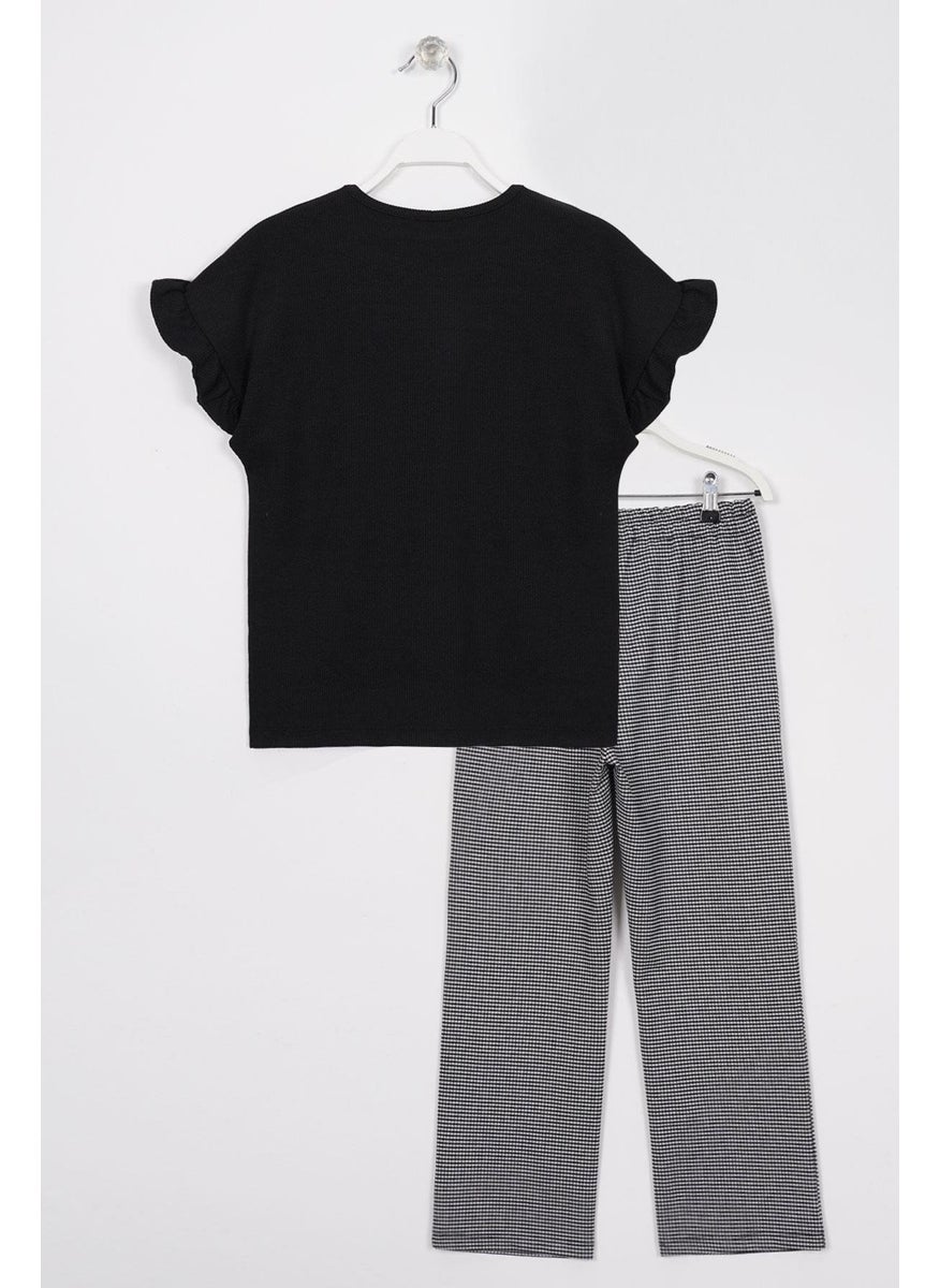Crew Neck Short Sleeve Crochet Detailed Black Color Girl Trouser Set