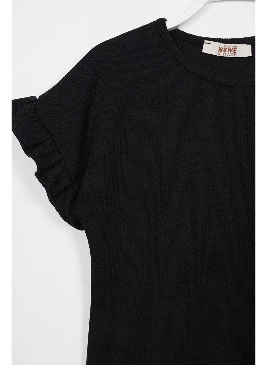 Crew Neck Short Sleeve Crochet Detailed Black Color Girl Trouser Set