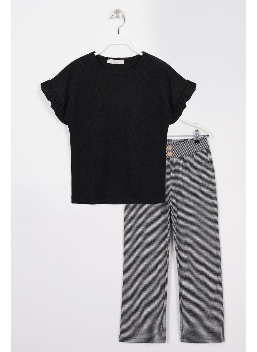 Crew Neck Short Sleeve Crochet Detailed Black Color Girl Trouser Set