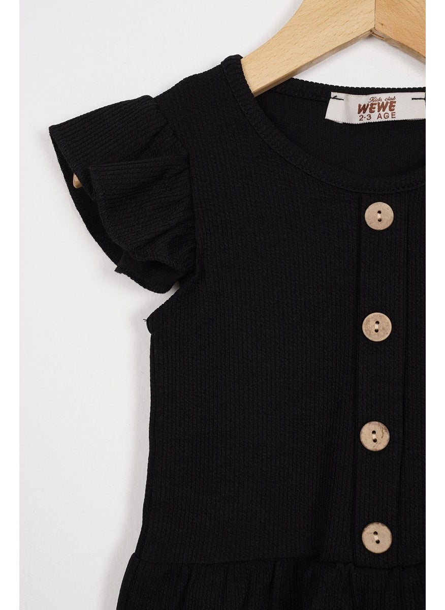 Skirt with Frilled Button Detail Black Color Girl's Tights Set
