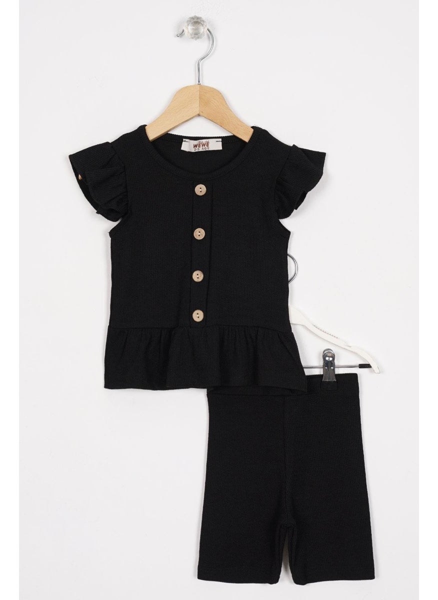 Skirt with Frilled Button Detail Black Color Girl's Tights Set