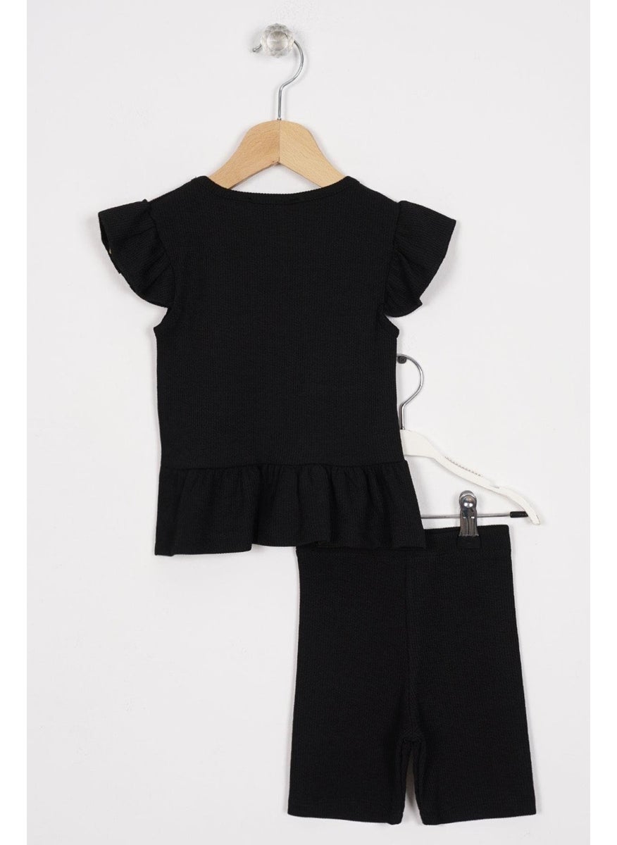 Skirt with Frilled Button Detail Black Color Girl's Tights Set