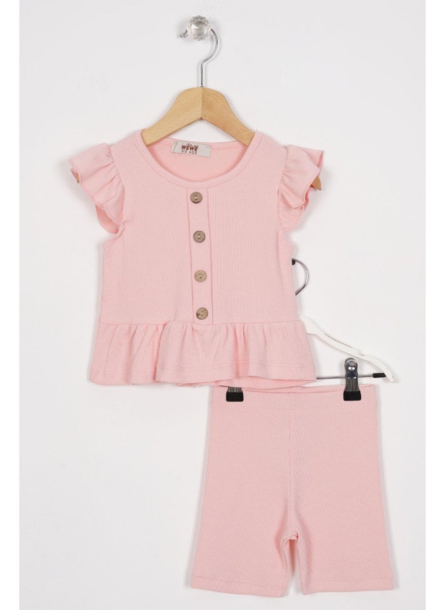 Skirt with Frilled Button Detail Powder Color Girl's Tights Set
