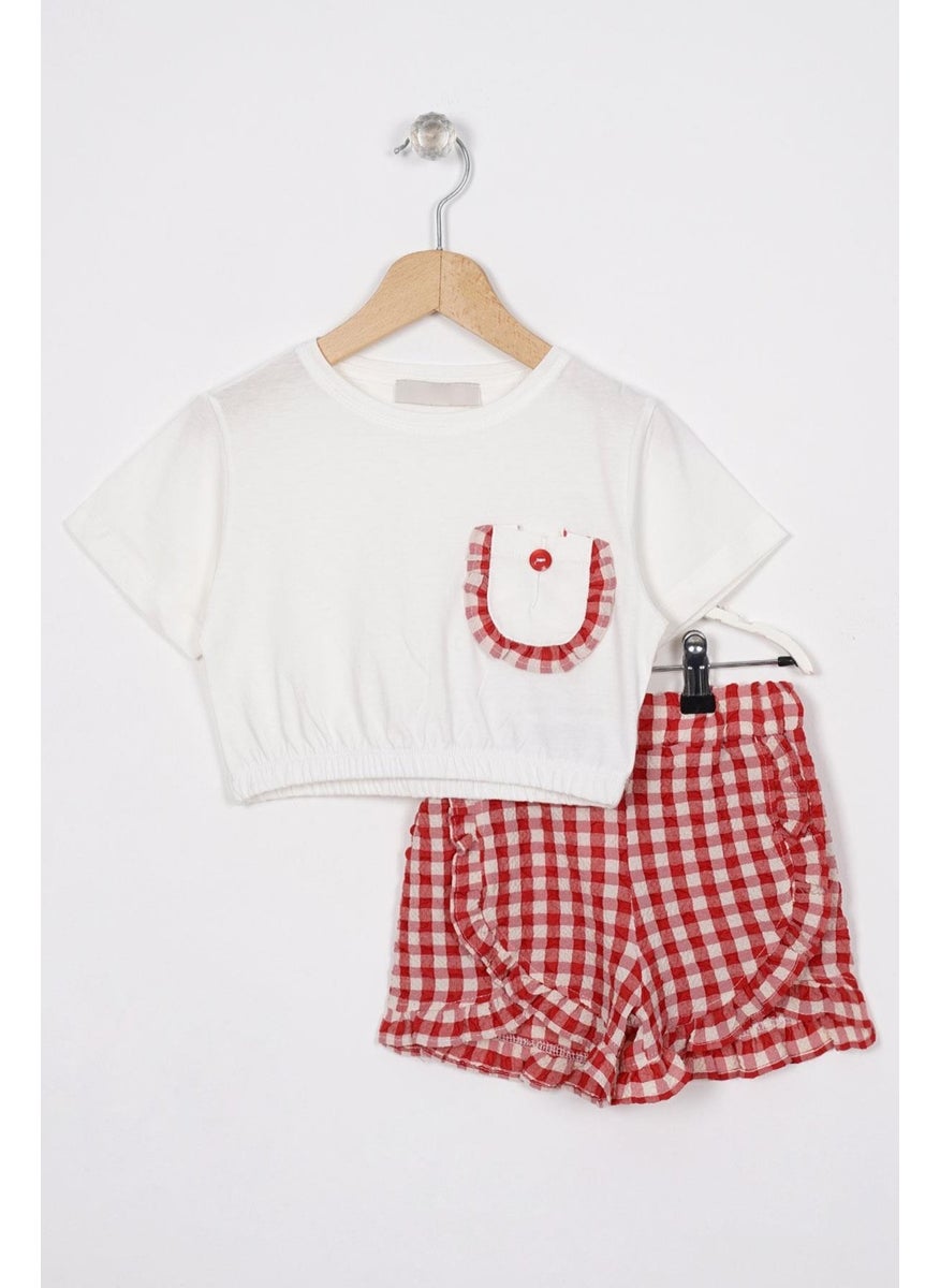 Ruffle Detailed Ecru Red Color Girl Shorts Set