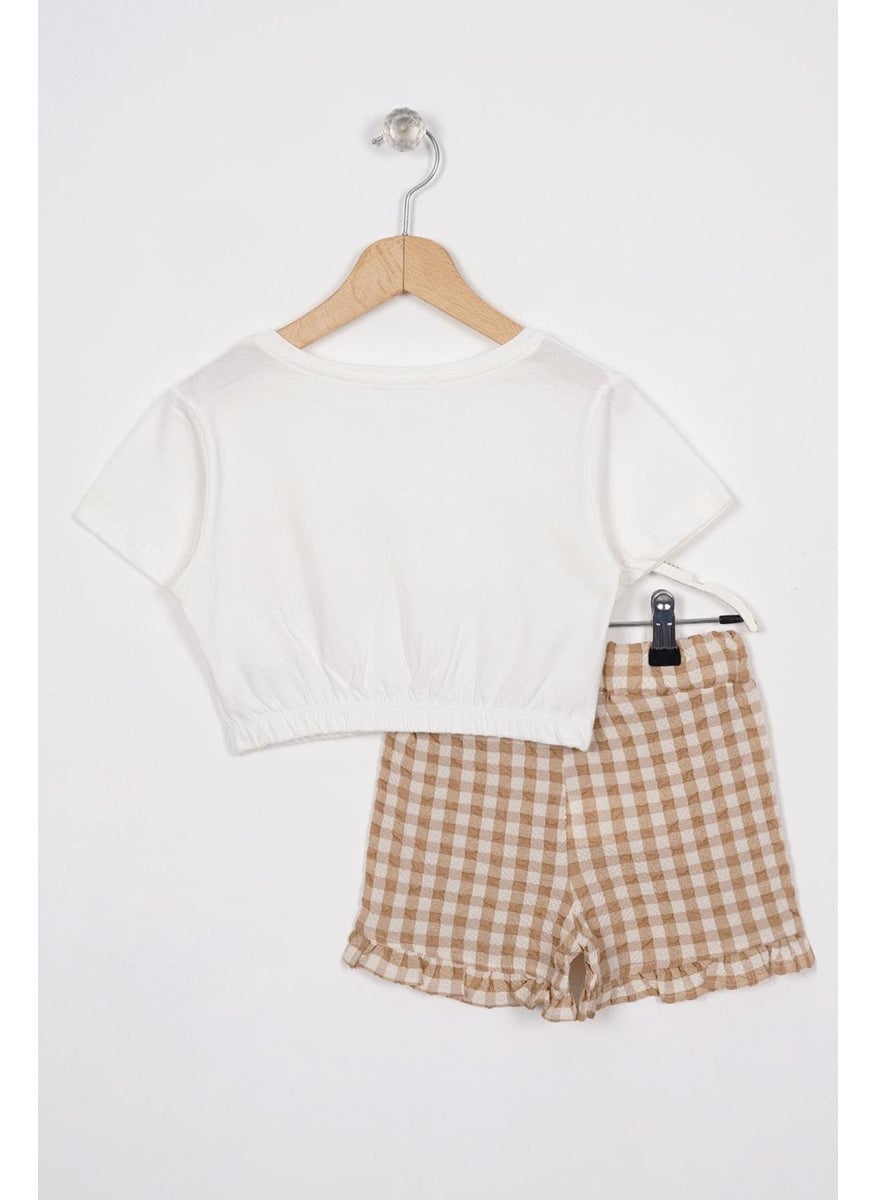 Ruffle Detailed Ecru Brown Color Girl Shorts Set