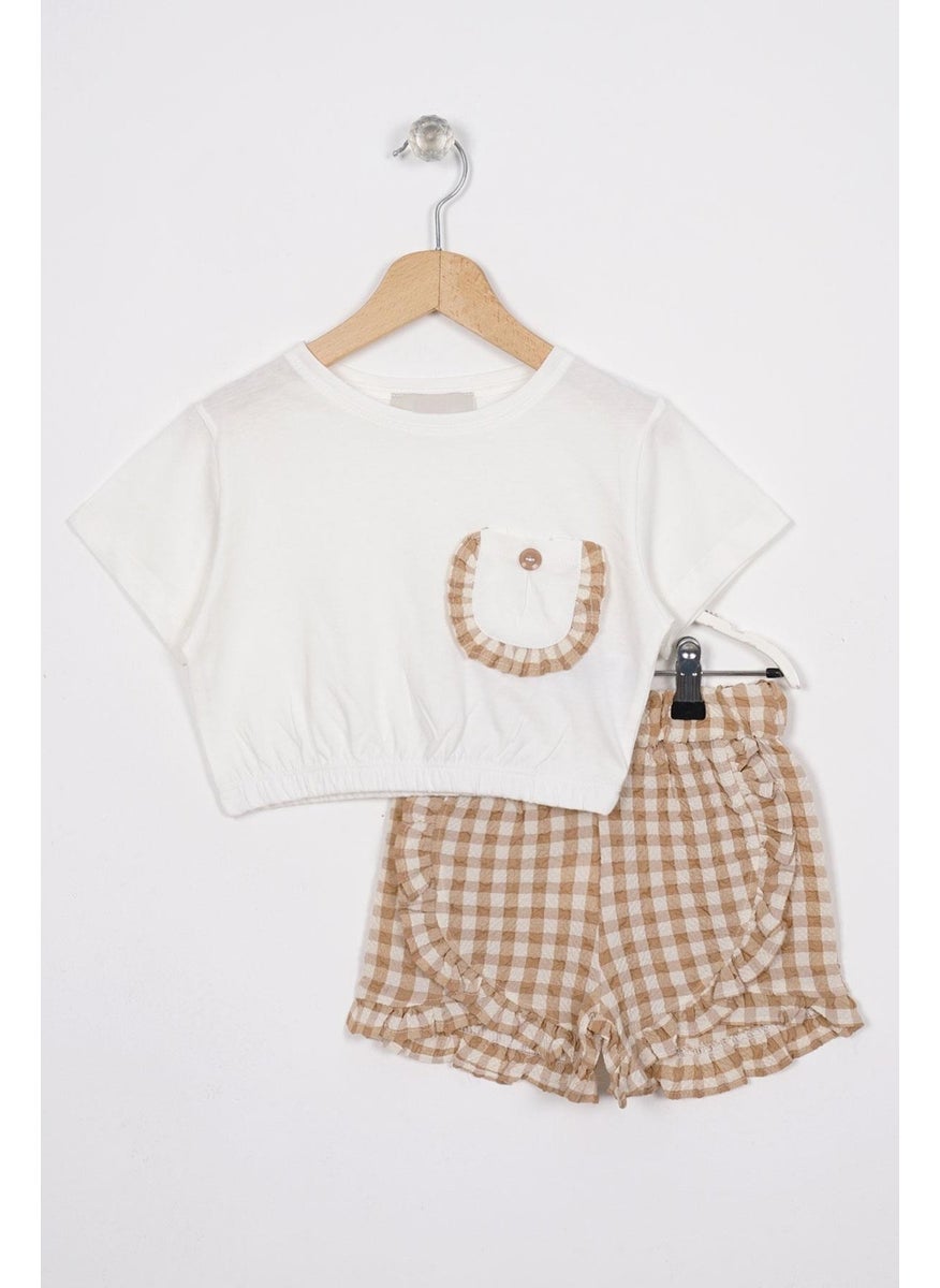 Ruffle Detailed Ecru Brown Color Girl Shorts Set