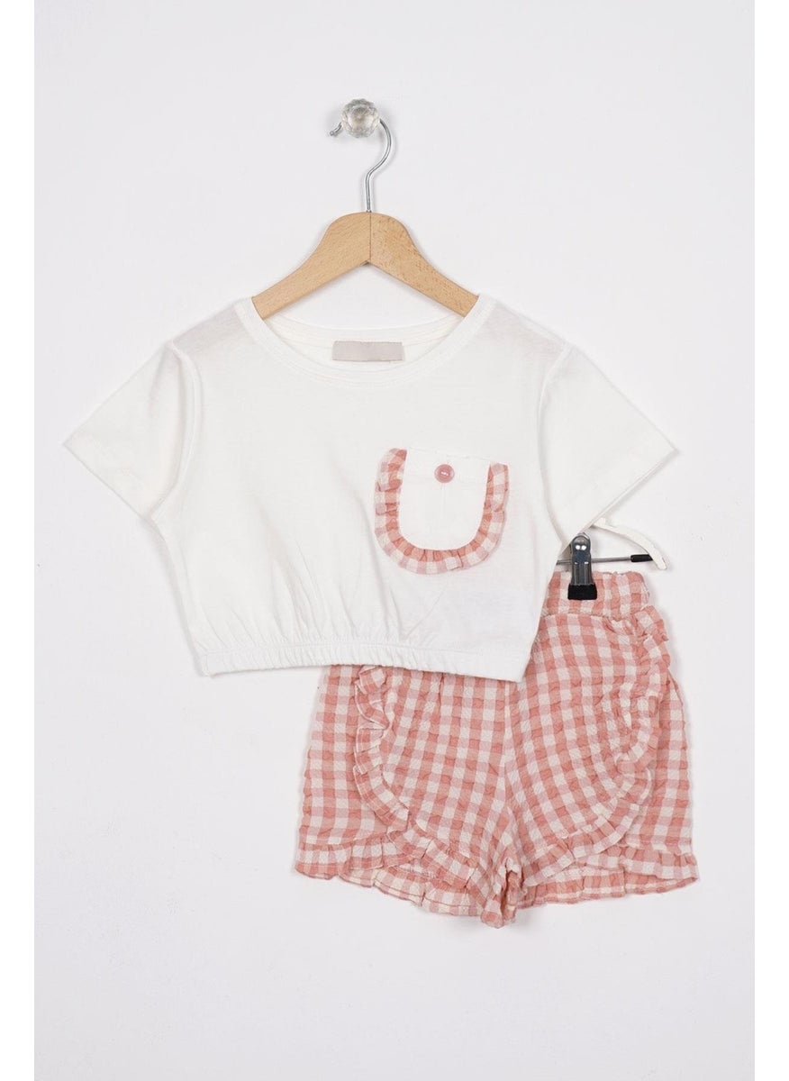 Ruffle Detailed Ecru Powder Color Girl Shorts Set