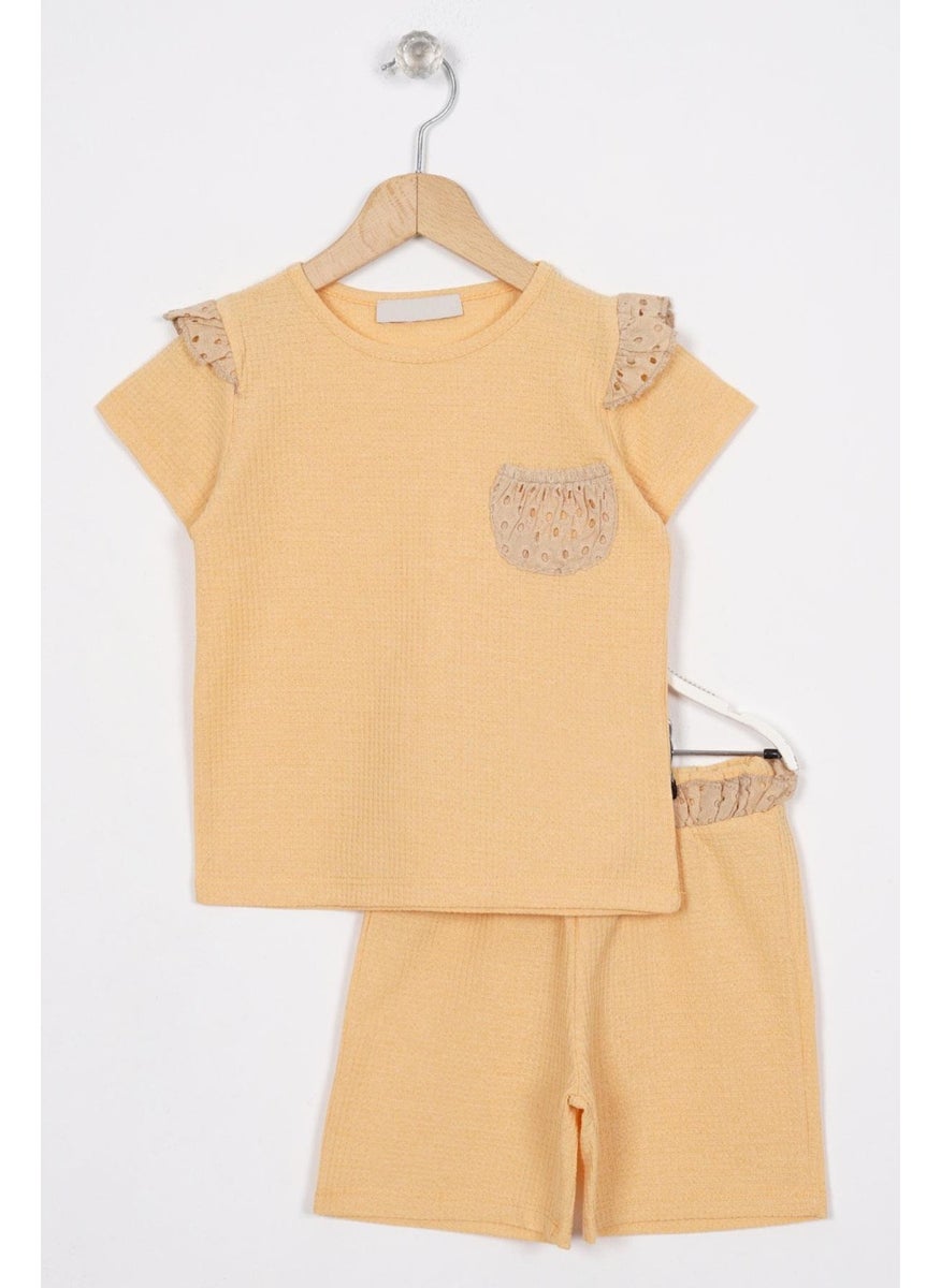 Garnished Pocket Detailed Mustard Color Girl Shorts Set