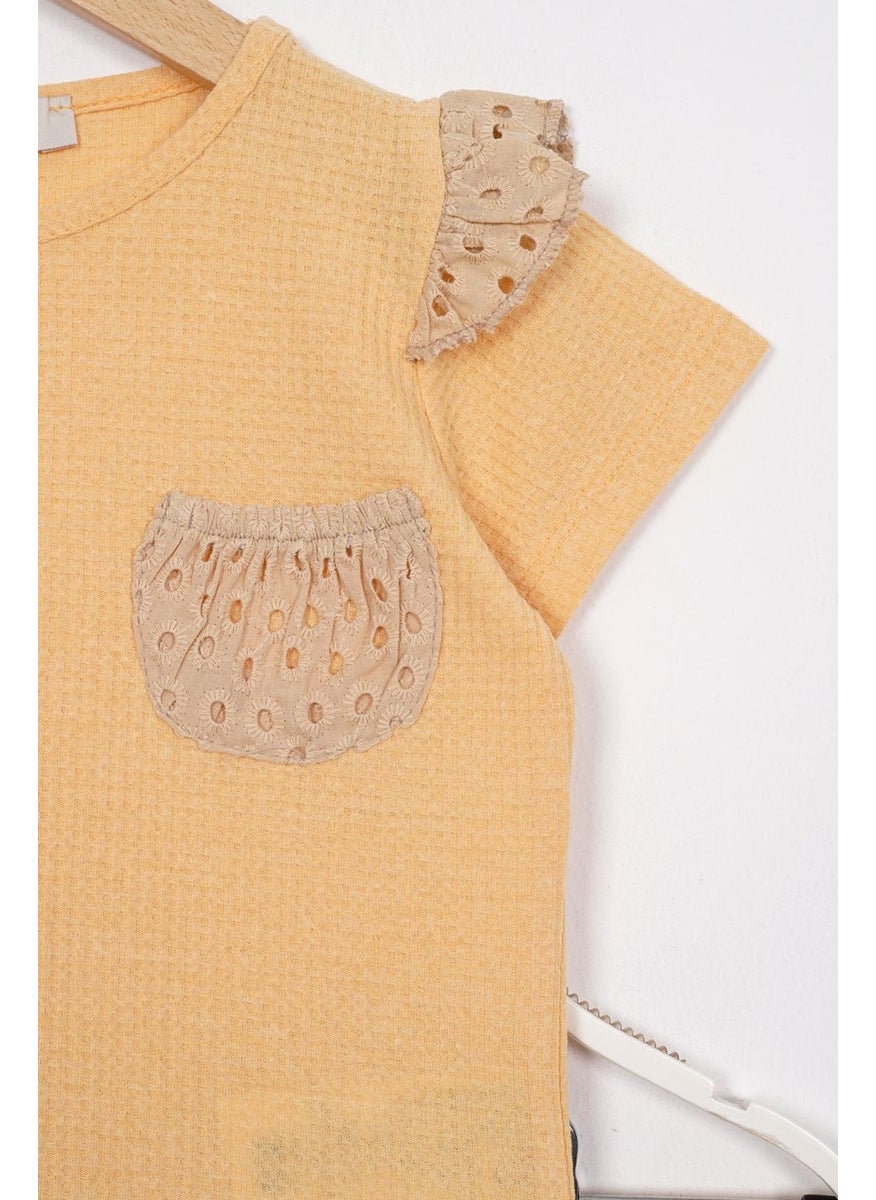Garnished Pocket Detailed Mustard Color Girl Shorts Set