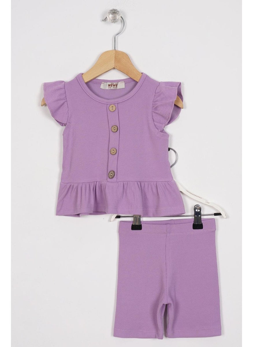 Skirt with Frilled Button Detail Lilac Color Girl's Tights Set
