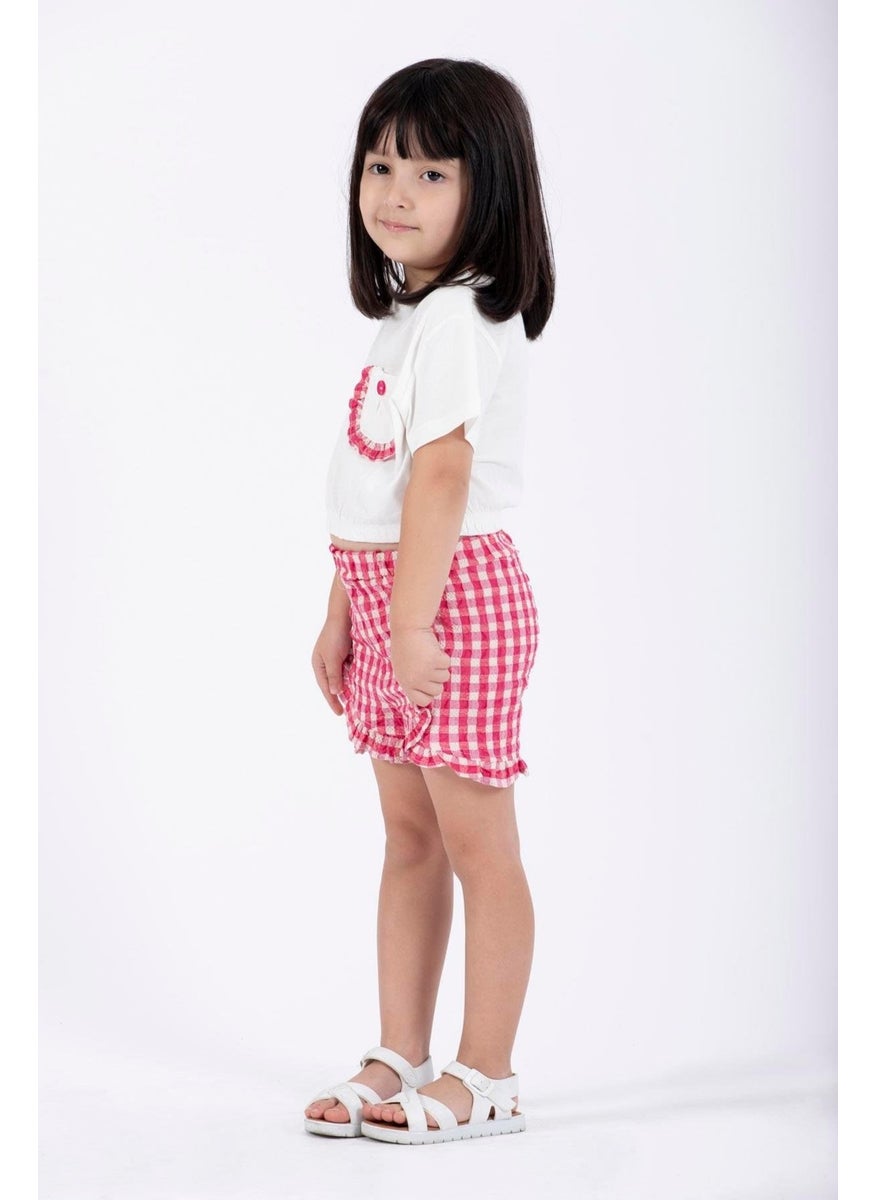Ruffle Detailed Ecru Fuchsia Color Girl Shorts Set