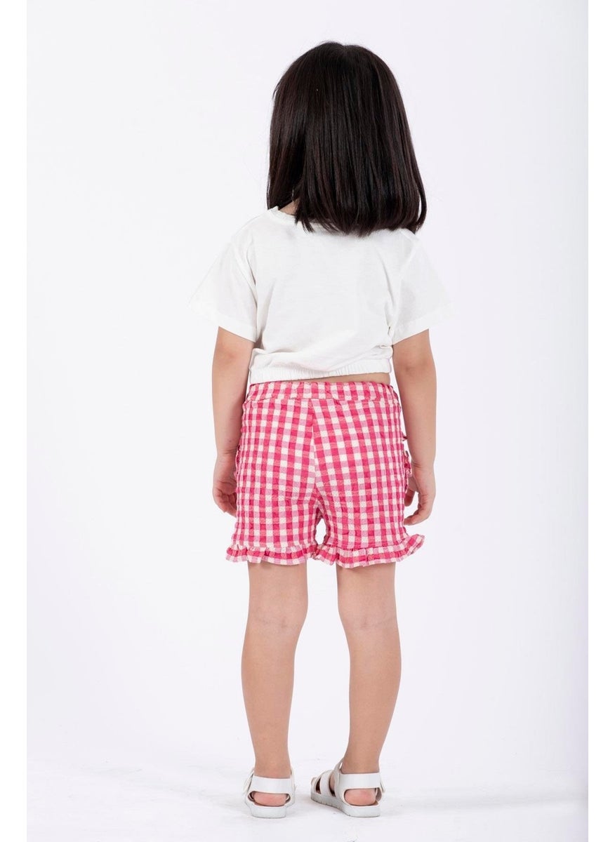 Ruffle Detailed Ecru Fuchsia Color Girl Shorts Set