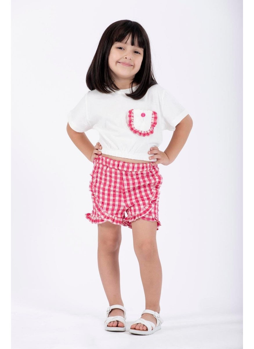 Ruffle Detailed Ecru Fuchsia Color Girl Shorts Set