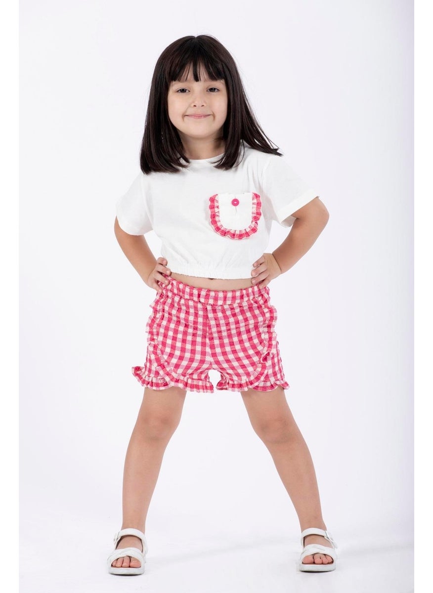 Ruffle Detailed Ecru Fuchsia Color Girl Shorts Set