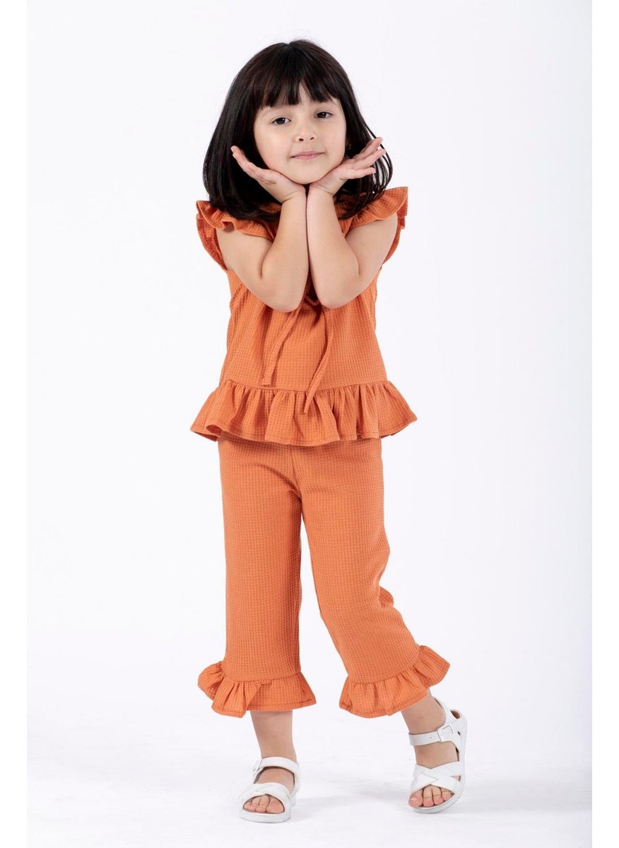 Crew Neck Short Sleeve Waffle Frilled Double-breasted Suit Brick Color Girls Double-breasted Suit