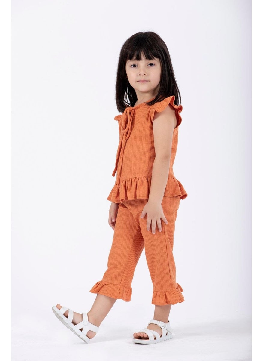 Crew Neck Short Sleeve Waffle Frilled Double-breasted Suit Brick Color Girls Double-breasted Suit