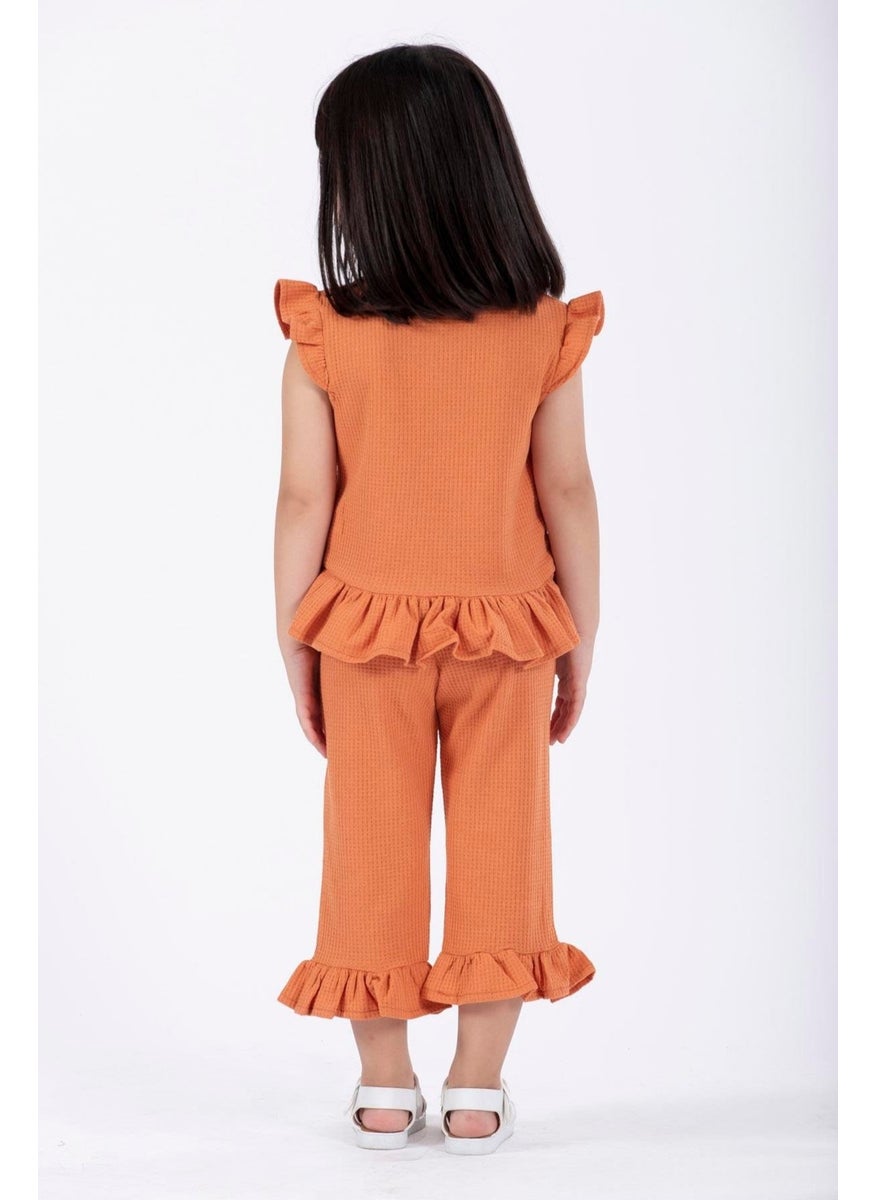 Crew Neck Short Sleeve Waffle Frilled Double-breasted Suit Brick Color Girls Double-breasted Suit