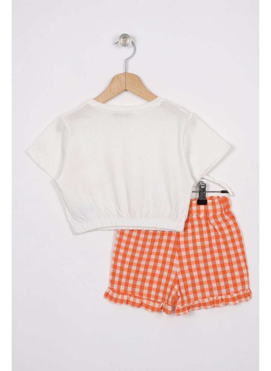 Ruffle Detailed Ecru Orange Color Girl Shorts Set