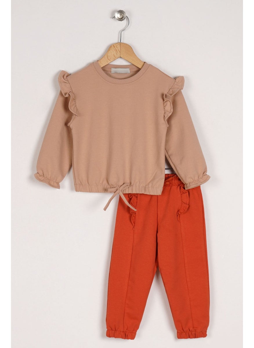 Girl's Beige Colored Ruffle Front Bow Set