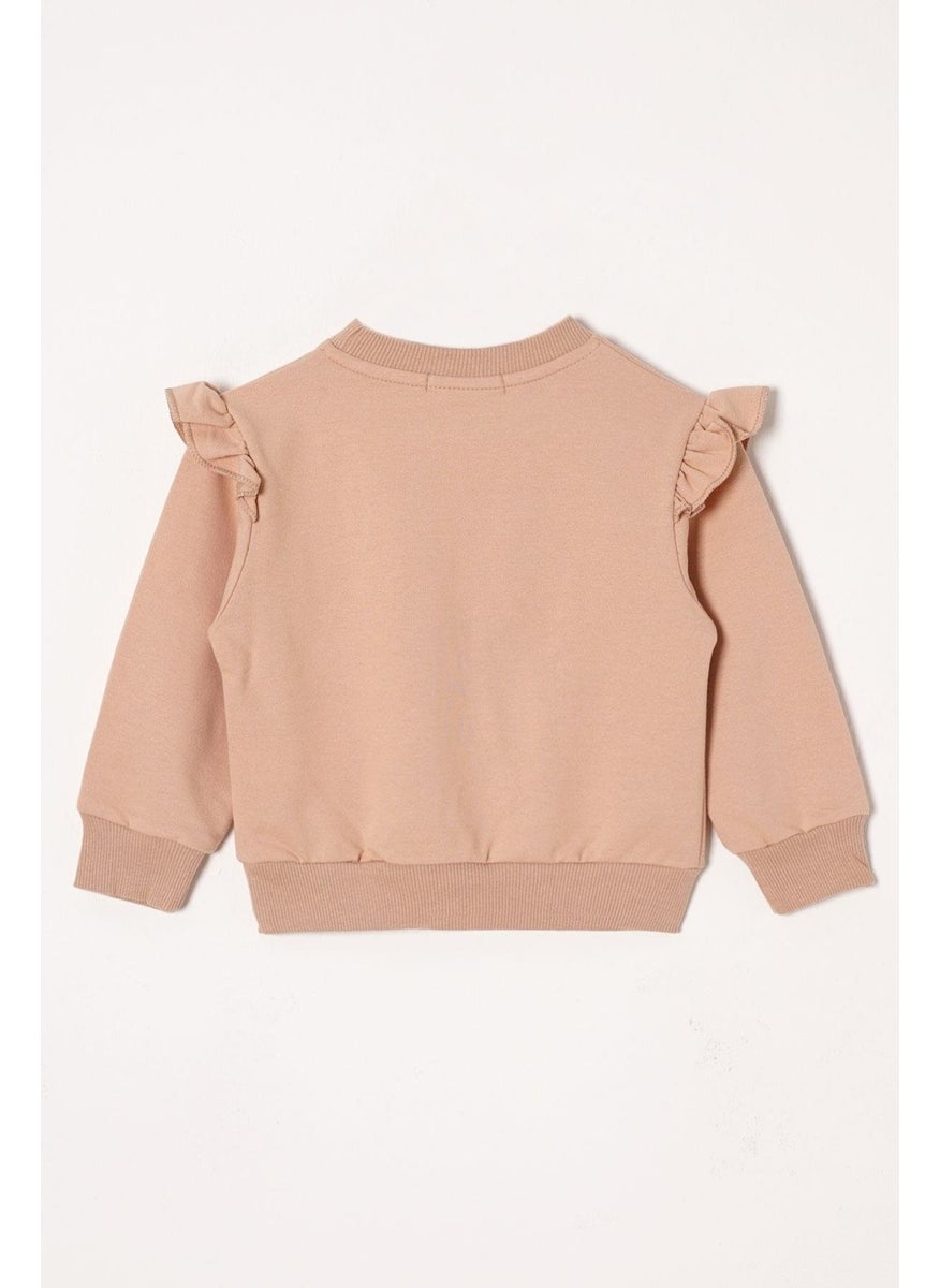 Crew Neck Long Sleeve Floral Embroidery Printed Mink Color Girl's Two Piece Set