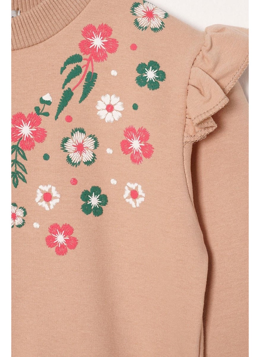 Crew Neck Long Sleeve Floral Embroidery Printed Mink Color Girl's Two Piece Set