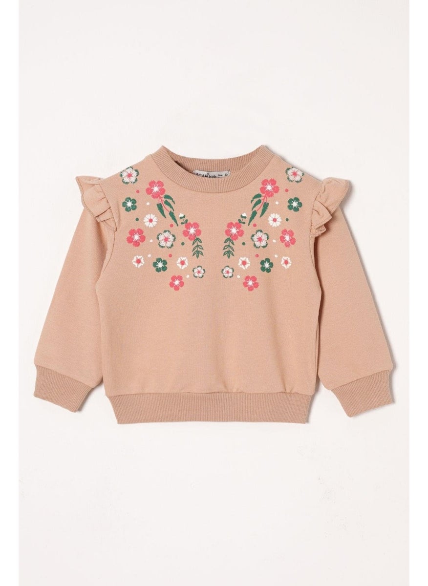 Crew Neck Long Sleeve Floral Embroidery Printed Mink Color Girl's Two Piece Set